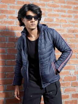 Campus Sutra - Mens Dark Blue Quilted Puffer Jacket with Contrast Striped Sleeve