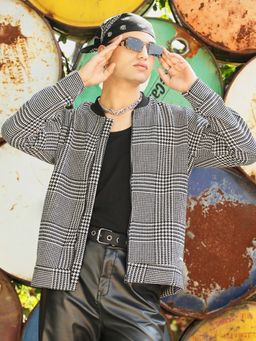 Campus Sutra - Mens Black & White Zip-Front Houndstooth Jacket