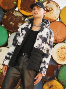 Campus Sutra - Mens Black & White Tie-Dye Block Puffer Jacket