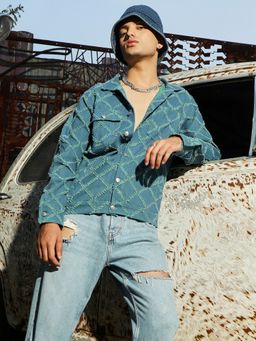 Campus Sutra - Mens Blue Criss-Cross Denim Jacket