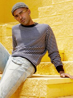 Campus Sutra - Mens Black & White Contrast Textured Knit Sweater