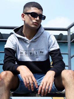Campus Sutra - Mens Black & Grey Inspire Hoodie with Kangaroo Pocket