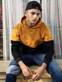Campus Sutra - Mens Black & Mustard Yellow Pullover Hoodie with Ribbed Hem