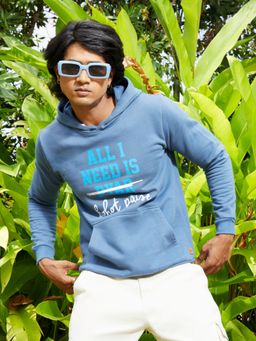 Campus Sutra - Mens Electric Blue All I Need Hoodie with Kangaroo Pocket