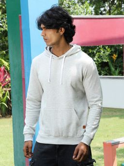 Campus Sutra - Mens Light Grey Pullover Hoodie with Contrast Drawstring