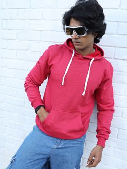 Campus Sutra - Mens Pink Pullover Hoodie with Contrast Drawstring