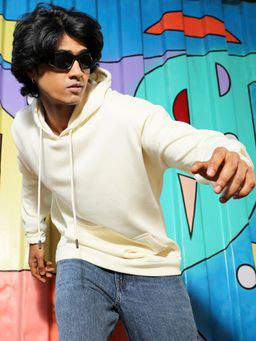 Campus Sutra - Mens Light Yellow Oversized Pullover Sweatshirt with Kangaroo Pocket