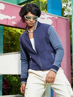 Campus Sutra - Mens Navy Blue Zip-Front Jacket with Contrast Striped Hem