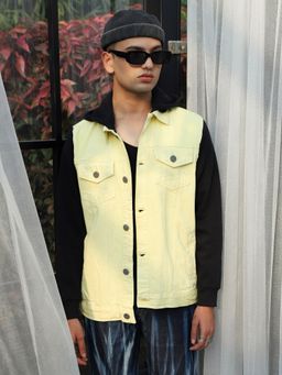 Campus Sutra - Mens Black & Yellow Light-Wash Denim Jacket with Sweatshirt Sleeve