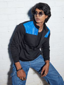 Campus Sutra - Mens Black & Blue Zip-Front Jacket with Contrast Detail