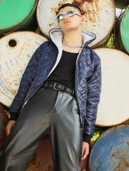 Campus Sutra - Mens Blue Quilted Puffer Jacket with Zip-Closure