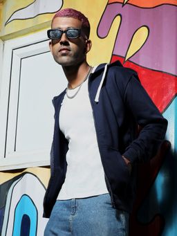 Campus Sutra - Mens Dark Blue Zip-Front Hoodie with Contrast Drawstring