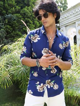 Campus Sutra - Mens Indigo Blue Floral Print Shirt