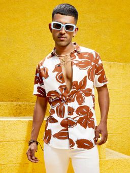 Campus Sutra - Mens White & Brown Floral Print Shirt