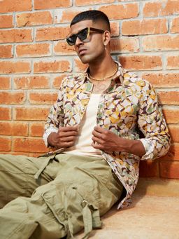 Campus Sutra - Mens Beige & Green Artistic Floral Cluster Shirt