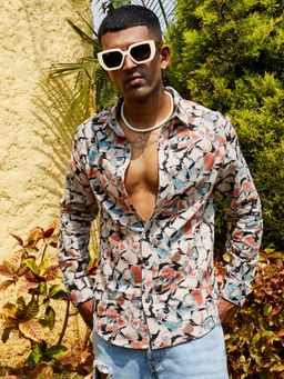 Campus Sutra - Mens Beige & Brown Artistic Floral Cluster Shirt