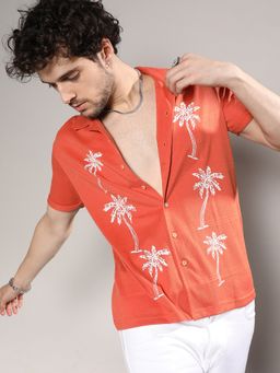 Campus Sutra - Mens Vermillion Orange Palm Tree Knit Shirt