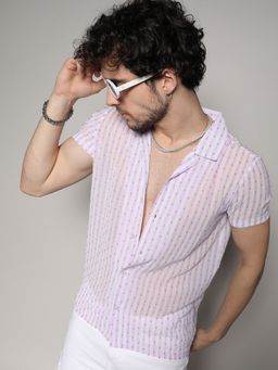 Campus Sutra - Mens White & Lavender Balanced Striped Shirt