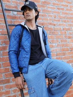 Campus Sutra - Mens Blue Quilted Puffer Jacket with Zip-Closure