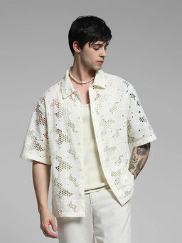 Jack & Jones - White Self Design Oversized Fit Shirt