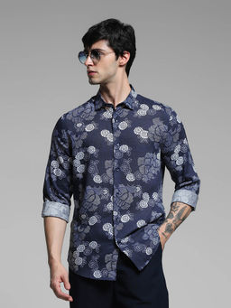 Jack & Jones - Navy Blue Printed Slim Fit Shirt