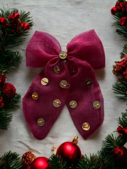 Choko - Santa X-Mas Organza Bow Hair Clip - Maroon & Silver