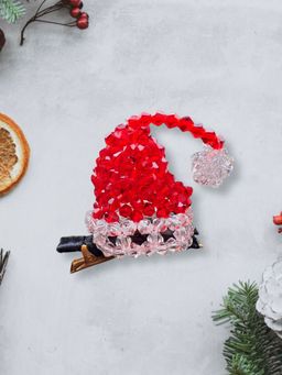 Choko - Santa Claus Christmas Cap Beaded Hairclip, Festive Red Holiday Kids Hair Accessory for Girls