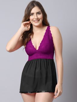 Shararat - Women Lace Above Knee Baby Doll with Panty Purple (Set of 2)