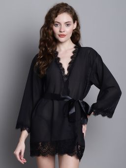 Shararat - Women Black Above Knee Lace Robe Style Baby Doll with Thong & Belt (Set of 3)