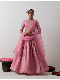 Vinusto - Light Pink Handcrafted Chanderi Blouse with Lehenga & Katan Silk Dupatta
