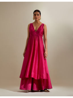 Vinusto - Hot Pink Plunge Neck Stylise Chanderi Kurta with Cotton Palazzo