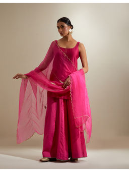 Vinusto - Hot Pink Embroidered Short Kurti and Cotton Sharara with Dupatta
