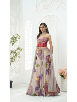 PRITI SAHNI DESIGNS - Multicolor Embroidered Floral Blouse with Lehenga & Dupatta