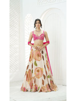 PRITI SAHNI DESIGNS - Pink Floral Embroidered Blouse with Lehenga & Dupatta