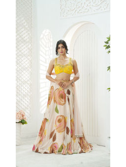 PRITI SAHNI DESIGNS - Yellow Sequin Embroidered Blouse with Lehenga & Dupatta