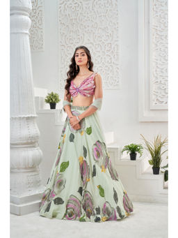 PRITI SAHNI DESIGNS - Mint Green Embroidered Blouse with Lehenga & Dupatta