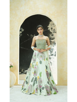 PRITI SAHNI DESIGNS - Mint Green Embroidered Blouse with Lehenga & Dupatta