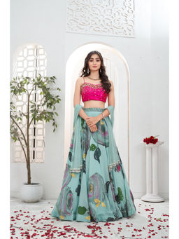 PRITI SAHNI DESIGNS - Dusty Blue Embroidered Blouse with Lehenga & Dupatta