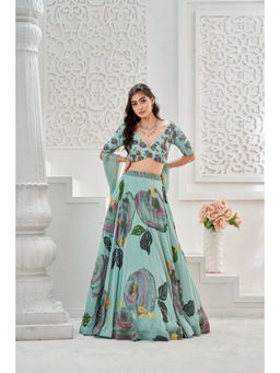 PRITI SAHNI DESIGNS - Dusty Blue Embroidered Blouse with Lehenga & Dupatta