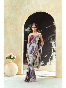 PRITI SAHNI DESIGNS - Periwinkle Hand Painted Pre Drape Saree with Corset Blouse