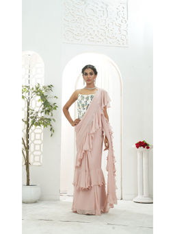 PRITI SAHNI DESIGNS - Mauve Ruffle Pre Drape Saree with Corset Blouse