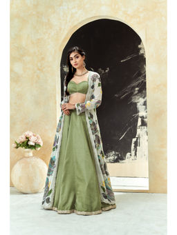 PRITI SAHNI DESIGNS - Sage Green Floral Embroidered Jacket with Blouse & Lehenga
