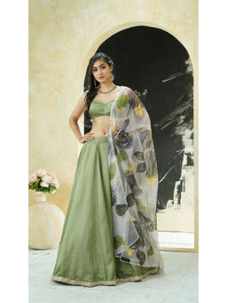 PRITI SAHNI DESIGNS - Sage Green Embroidered Blouse with Lehenga & Dupatta