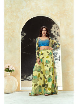 PRITI SAHNI DESIGNS - Lime Yellow Hand Painted Blouse with Palazzo & Jacket