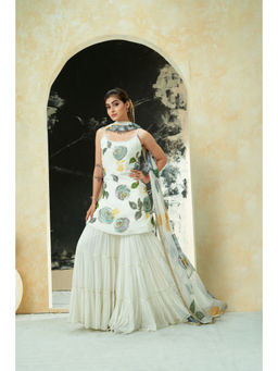 PRITI SAHNI DESIGNS - Ivory Hand Painted Floral Kurta with Sharara & Dupatta