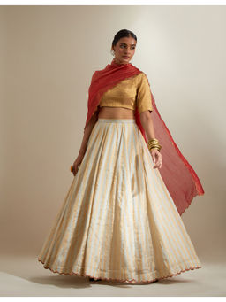 Vinusto - Silver- Gold Zari Stripe Lehenga with Blouse & Red Dupatta
