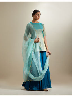 Vinusto - Aqua Gold Short Kurta with Sharara and Organza Dupatta