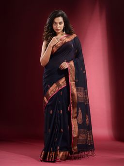 CHARUKRITI - Navy Blue Pure with Zari Design and Motif Saree with Unstitched Blouse