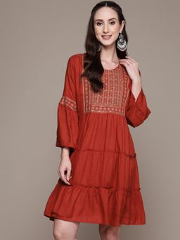 Anubhutee - Women Red Embroidered Sequin Work A-Line Dress