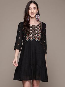 Anubhutee - Women Black Ethnic Motifs Embroidered A-Line Dress